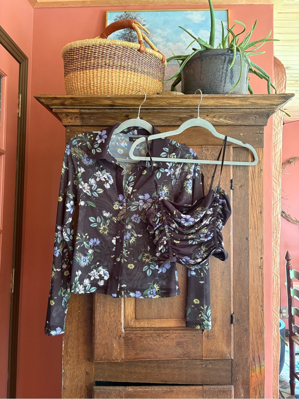 AFRM Black Floral Button-Up Shirt & Ruched Cami Set